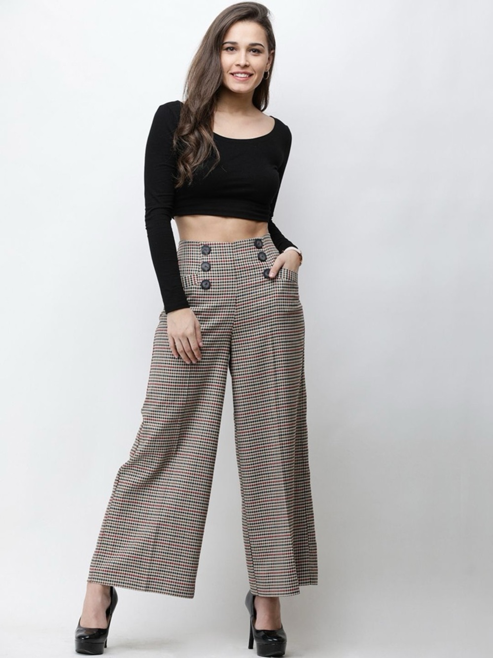 ZARA Plaid Wide Leg Trousers | High Waisted | Button Detail | Size S - Picture 3 of 9